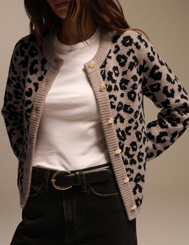 Image of Women Leopard Print Cardigan Open Front Button Down Sweater Long Sleeve Cotton Knit Fall Clothes Outerwear Coats