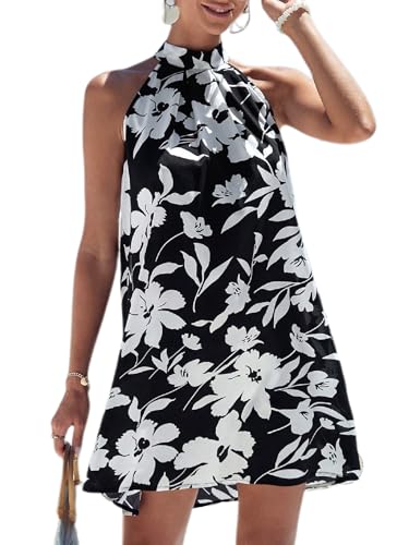Floerns Women's Sleeveless Floral Print Sundress Halter Neck A Line Short Dress Black X-Small