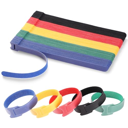 100 PCS 8 Inches Reusable Cable Ties | Adjustable Cord Wraps Cable Straps | Hook & Loop Cord Organizer Cable Management | 5 Colors