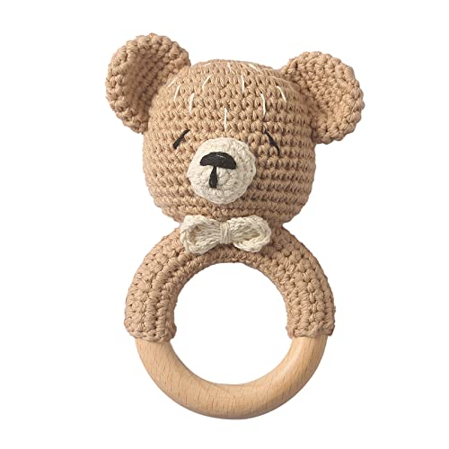 Mamimami Home Sonajero de ganchillo para bebé, de madera, regalo para nacimiento, hecho a mano, regalo para niño y niña, regalo para nacimiento (oso)