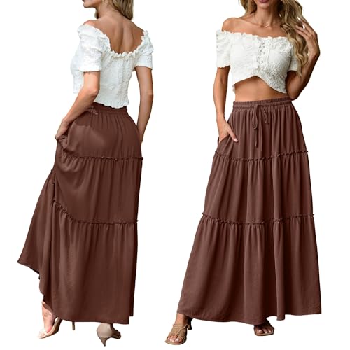 Image of Lepunuo Womens Casual Boho High Waisted Flowy Maxi Skirts Tiered Floral Long Skirts with Pockets for Summer Beach Vacation