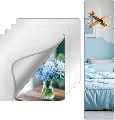 Espejo de pared de longitud completa irrompible para dormitorio, Irrompible Largo montado en la pared, plexiglás Gimnasio Espejo para el hogar, extra grueso: 2,6 mm, 20 x 20 cm x 4 unidades, Espejo de