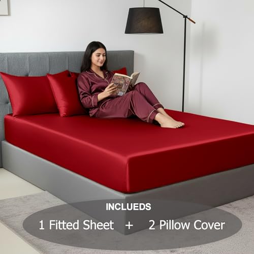 Image of Soft and Silk Satin Fitted Bedsheet for King Size 72X78 +12 in - Elastic Fitted Sheet 400 TC Hotel Collection for Bedroom | Fitted Sheet with Pillow Cover - Burgundy, King Size