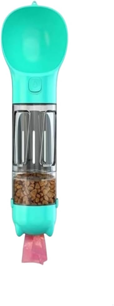 300ml Portable 4-in-1 Pet Water Bottle with Food Storage, Poop Bag Dispenser and Spoon for Dogs and Cats, Green