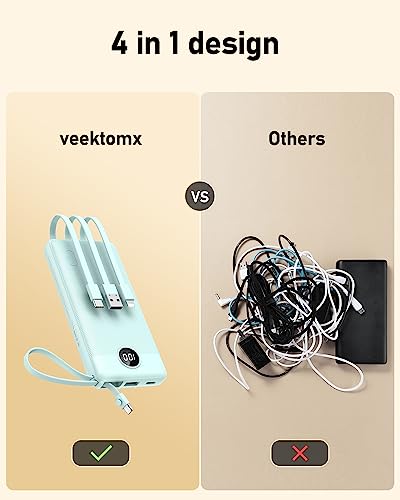 VEEKTOMX Power Bank 10000mAh Powerbank con Cavi Integrati Caricatore Portatile USB C Batteria Esterna con 5 Uscite e 2 Ingressi Compatibile con iPhone Samsung Huawei Xiaomi iPad Switch (Blu)