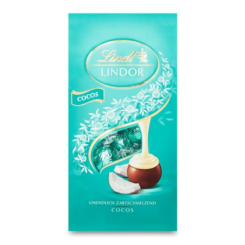 Lindt Schokolade LINDOR Kugeln Cocos | 136g Beutel | ca. 10 Kugeln Vollmilchschokolade mit zartschmelzender Kokos-Füllung | Pralinen-Geschenk | Schokoladen-Geschenk