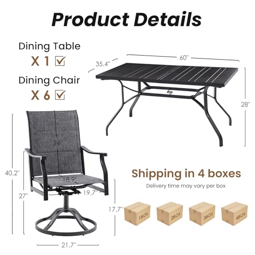 Image of Soohow Patio Dining Set for 6, 7-Piece Outdoor Dining Table and Chairs Set, 6 x Swivel Outdoor Chairs with Paded Textilene and 60 inchx35 inch Patio Table with 1.57 inch Umbrella Hole for Poolside, Backyard