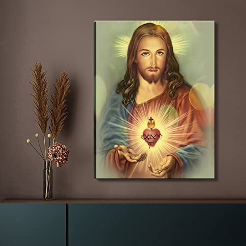 Framed Sacred Heart Of Jesus Wall Canvas Art Decor Divine Mercy Catholic Christianity For Faith Living Room Bedroom Dining Room For Parents Poster Pictures Painting Framed 12X16 Inch #TOP6