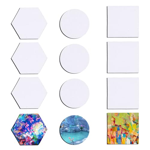 12pcs Magnetic Canvas Painting, Small Magnet Painting Canvas Panels Mini Painting Board for Art Watercolor Acrylic Oil Gouache Tempera Paint Student Art Lover Present (Hexagon/Round/Square Shaped)