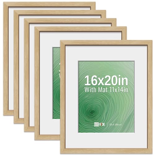Image of VCK 16x20 Picture Frames 5 Pack, Oak Wood, 11x14 Mat, Glass, for Artwork
