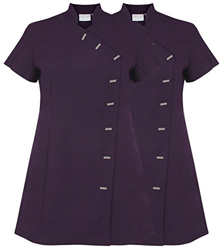 Proluxe - Bata de Trabajo para Peluquero, Empleado de SPA, Profesional Sanitario o masajista, Uniforme de Trabajo de Cuerpo Cruzado, 7 Colores, 2 Unidades Morado Ciruela 8 Cover
