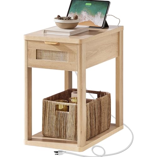LEYAOYAO Narrow Side Table with Charging Station, 24'' Rattan Night Stand with Drawer Storage, Brown Bedside End Table with Metel Handle for Small Spaces, Wood Boho Nightstand for Living Roo