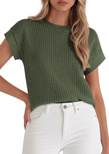 PRETTYGARDEN Women's 2026 Spring Fashion Sweater Vest Business Casual Crochet Tops Cap Sleeve Knit Shirt Beach Summer Outfits (Green,Medium)