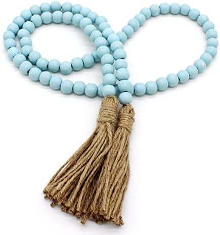 CVHOMEDECO. Wood Beads Garland with Tassels Farmhouse Rustic Wooden Prayer Bead String Wall Hanging Accent for Home Festival Decor. Natural