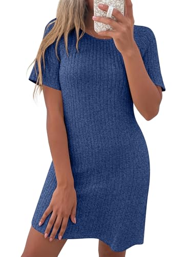 ANRABESS Women Short Sleeve Sleep Night Shirts Comfy Nightgowns Ribbed Pajamas House Sweater Dress 2025 Fall Sleepwear Dark Blue X-Large