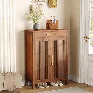 LITTLE TREE Narrow Storage Shoe Rack, 6-Tier Wooden Shoe Cabinet with Drawer, Freestanding Slim Shoe Cabinet Shoe Organizer for Entryway, Hallway, Closet, Bedroom, Living Room, Brown