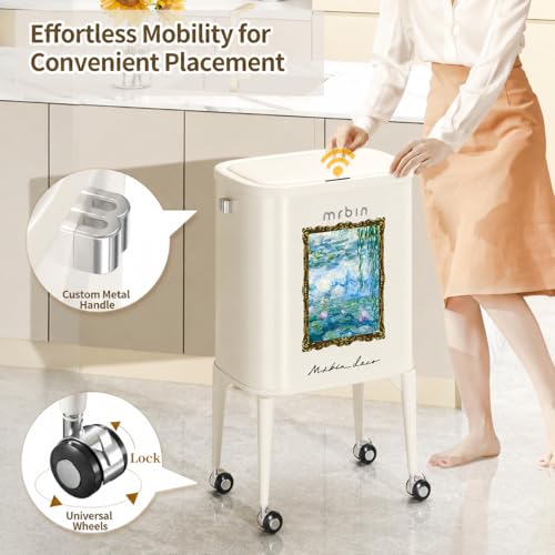Image of MRBIN Metal Motion Sensor Kitchen Trash Can with Wheel Legs, Medium Press Lid Slim Waste Basket, 36L / 9.5gal Pet Proof Tall Narrow Garbage Pail for Vanity, Living Room, Bathroom, Bedroom, Water Lily