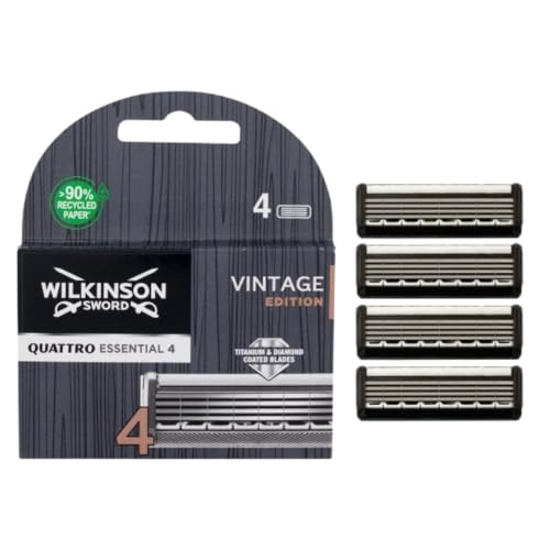 Wilkinson Sword – Cuchillas de Recambio Quattro Titanium Vintage Edition – Pack de 4 Cuchillas de Recambios Para Hombre - Compatible con las Maquinillas de Afeitado Manual Quattro