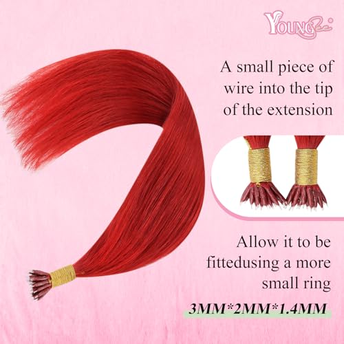 Image of YoungSee Nano Ring Hair Extensions Human Hair Red 22 Inch Nano Beads Hair Extensions Human Hair Red Nano-tip Extension Colored Nanolink Remy Hair Colored for Adding Color Highlights 25g 25 strands