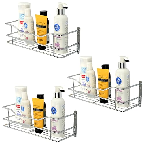 Image of Kuber Industries Pack of 3 Stainless Steel Bathroom Shelf for Wall - Washroom Organizer Shampoo Holder Stand & 12 Inch Kitchen Storage Rack - Silver