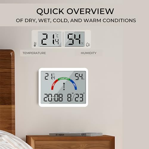 Image of DeWire 3-in-1 Digital Hygrometer Thermometer Alarm Clock - Smart Room Monitor with Comfort Indicator, Date & Time Display, Multiple Mounting Options for Home, Office, Baby Room - White