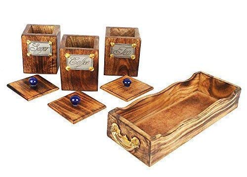 Image of HS ART Wooden Table Top Large 3 Container Canister Set with Tray and Lid for Tea Coffee Sugar container 600 ml