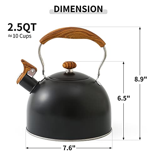 LONFFERY Tea Kettle for Stove Top, 2.5 Quart Whistling Tea Kettle, with Food Grade Stainless Steel and Wood Pattern Folding Handle, Black