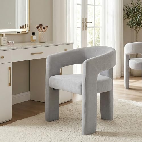 Image of HNY Modern Barrel Kitchen & Dining Room Chair, Chenille Upholstered Accent Chair with Arm, 18.5'' Wide Side Armchairs Vanity Chairs for Living Room Bedroom Makeup Small Spaces, Grey