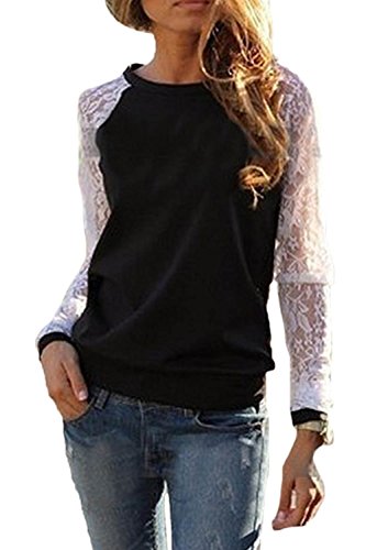Zilcremo Manches Longues T Shirt Femme Dentelle Creux Tunique Haut Tops Sweatshirt Top Blouse Pullover Col Rond Chemisier Black XL Cover