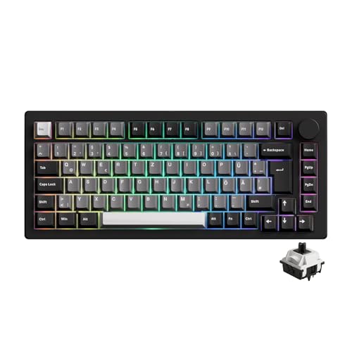 Mongeek M1 V5 über Black & Silver Keyboard, Tri-Mode Aluminium Mechanische Tastatur 75% Schnellfreisetzungs-Gaming-Tastatur mit Knopf 8000 MAH RGB Hot-Swapping (DE-UK-NOR-Layout, V3 Pro Pian