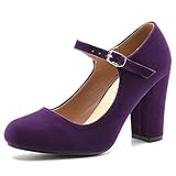 Women's Mary Jane Heels Closed Toe Chunky Heel Round Toe Block High Heel Pumps Velvet Purple US 8.5