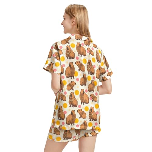 Image of Funny Satin Pajamas Set for Women Button Down Sleepwear Print Pjs Set 2 Piece Short Sleeve Loungewear Gift for Women