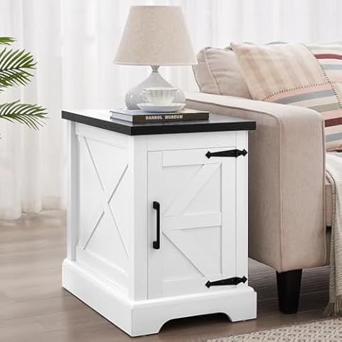Angel Sar Farmhouse Nightstand with Barn Door, Rustic End Table, Bedside Table with Metal Corner Decoration & Handle, Adjustable Shelf & Sturdy Base, Industrial Sofa Side Table for Bedroom, White Cover