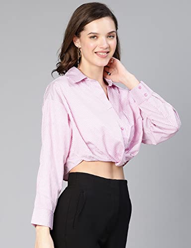 Image of oxolloxo Women Stripe Print Open Collared Cotton Crop Shirt