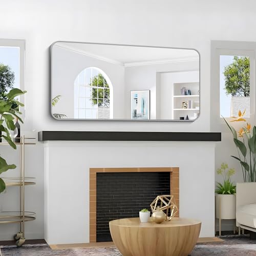 Image of 48x24 Inch Silver Bathroom Mirror, Metal Framed Silver Rectangle Mirror, Rounded Rectangular Vanity Mirror, Wall Mounted Mirrors for Living Room Bedroom Entryway Hangs Horizontal or Vertical