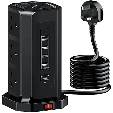 Extension Lead Tower with USB Slots, NVEESHOX 9 Way Plug Extension and 5 USB Ports (1 USB-C /18W Fast Charging), Multi-Plug Surge Protector Power Extension Tower 2M Extension Cord for Phones, Laptop Cover
