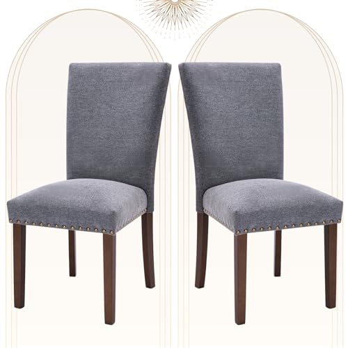 Image of COLAMY Upholstered Parsons Dining Chairs Set of 2, Fabric Dining Room Kitchen Side Chair with Nailhead Trim and Wood Legs - Dark Grey