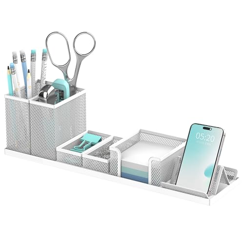 SUPEASY Pen Holder for Desk, 6 Piece Mesh Desk Organizer set for Office Organization with Mail Organizer, Letter Phone Holder, Sticky Notes Caddy Storage, White