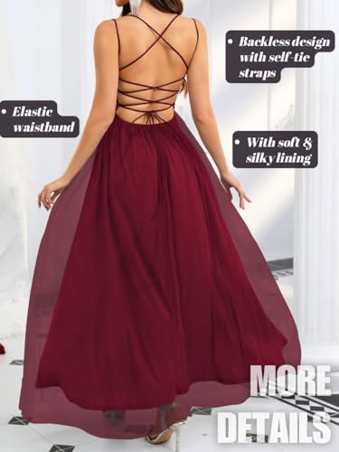 Image of ShawGobow Tulle Prom Dress with Slit,Sequin Backless Long Flowy Dresses for Women,Sexy Sparkly Outfits Homecoming Wedding