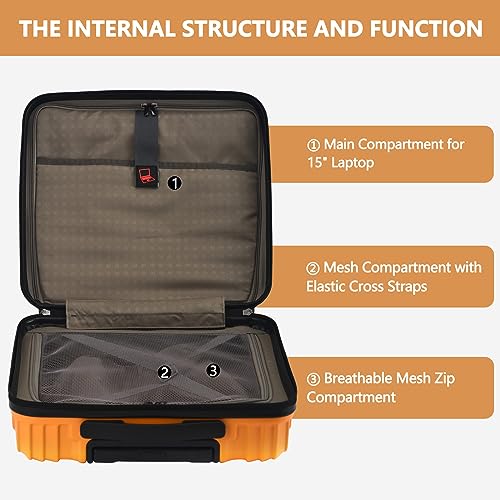 Image of Kaleenie 16 inch Carry on Luggage with 2 Laptop Compartments, ABS+PC Suitcase with Dual Control TSA Lock, YKK Zipper, Silent Wheels, for Business Travel, Orange