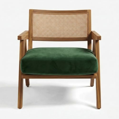 Image of Kingsman Furnitures ABEL Rattan Teak Wood Accent Arm Chair for Home Bedroom, Living, Dining, Drawing Room | Ultra Soft and Comfortable for Stress Free | Removable Cushion (KF-Bronx-ForestGreen-Velvet)