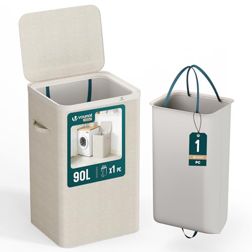 Cesto ropa sucia con tapa VOUNOT de 90L y bolsa extraíble beige 1