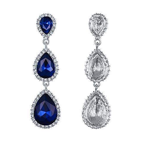 Elequeen Women's Silver-Tone Austrian Crystal Tear Drop Pear Shape Long Dangle Earrings Royal Blue #TOP3