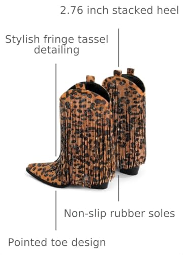 Image of Ouepiano Cowboy Boots for Women - Cowgirl Rhinestone Boots with Sparkly Fringe Pointed Toe Western Boot Chunky Heel Pull-On Wide Calf Botas Vaqueras