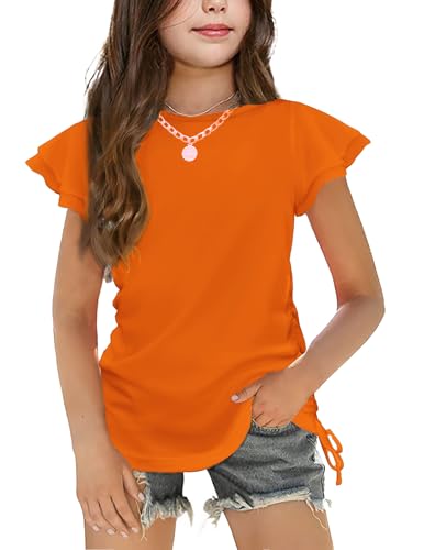 Image of Arshiner Girls T Shirts Ruffle Short Sleeve Ruched Knot Side Tunic Blouse Summer Tee Tops