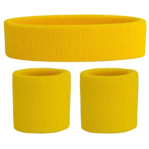 ONUPGO Yellow Sweatband Set Sports Headband Wrist Striped Sweatbands Terry Cloth Wristband Athletic Exercise Basketball Wrist Sweatband and Headbands Moisture Wicking Sweat Absorbing Head Band