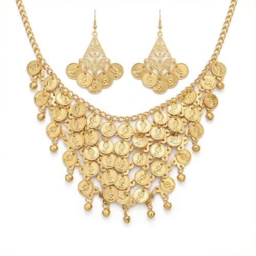 YIPFEN Ensemble de Bijoux Plaqué Or 3 Pièces, Collier et Boucles d'Oreilles, Bohème avec Petites, Cleopatre Femme, Parure Orientale Carnaval Parfait pour Accessoiriser Vos Vêtements de Danse du Ventre