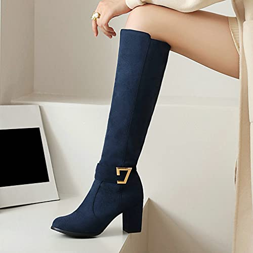 KOKOMOMO Womens Faux Suede Knee High Heeled Zip Up Chunky Heel Boots4