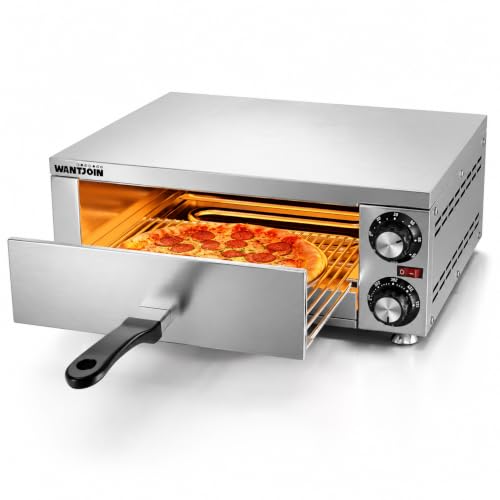 WantJoin Electric Pizza Oven – 12” Commercial Countertop Pizza Maker, 1100W Stainless Steel with Timer, Crumb Tray for Home, Bars, & Food Trucks