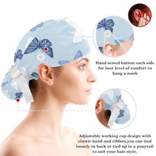 Image of Butterfly Scrub Cap Women with Ponytail & Buttons Adjustable Surgical Nurse Hat with Cotton Sweatband for Long Hair